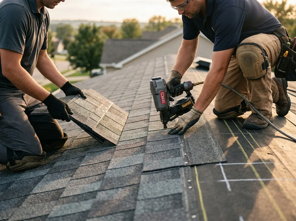 Professional roofer working on a residential roof in Tracy